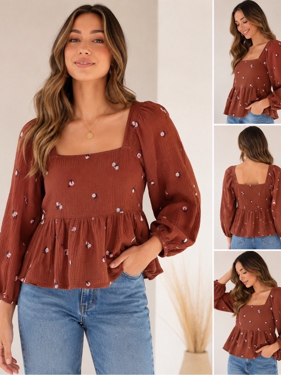 Madewell Tops - Madewell Embroidered Gauze Peplum Blouse Medium Brown Floral Square Neck